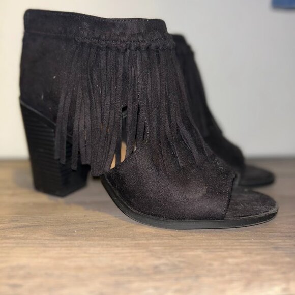 Fringe Black Peep Toe Wedge - Picture 2 of 4